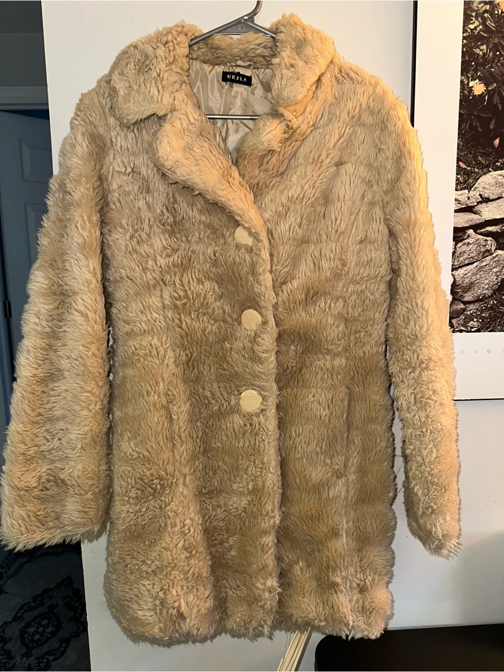 UK2LA Cream Teddy Faux-Fur Button Coat